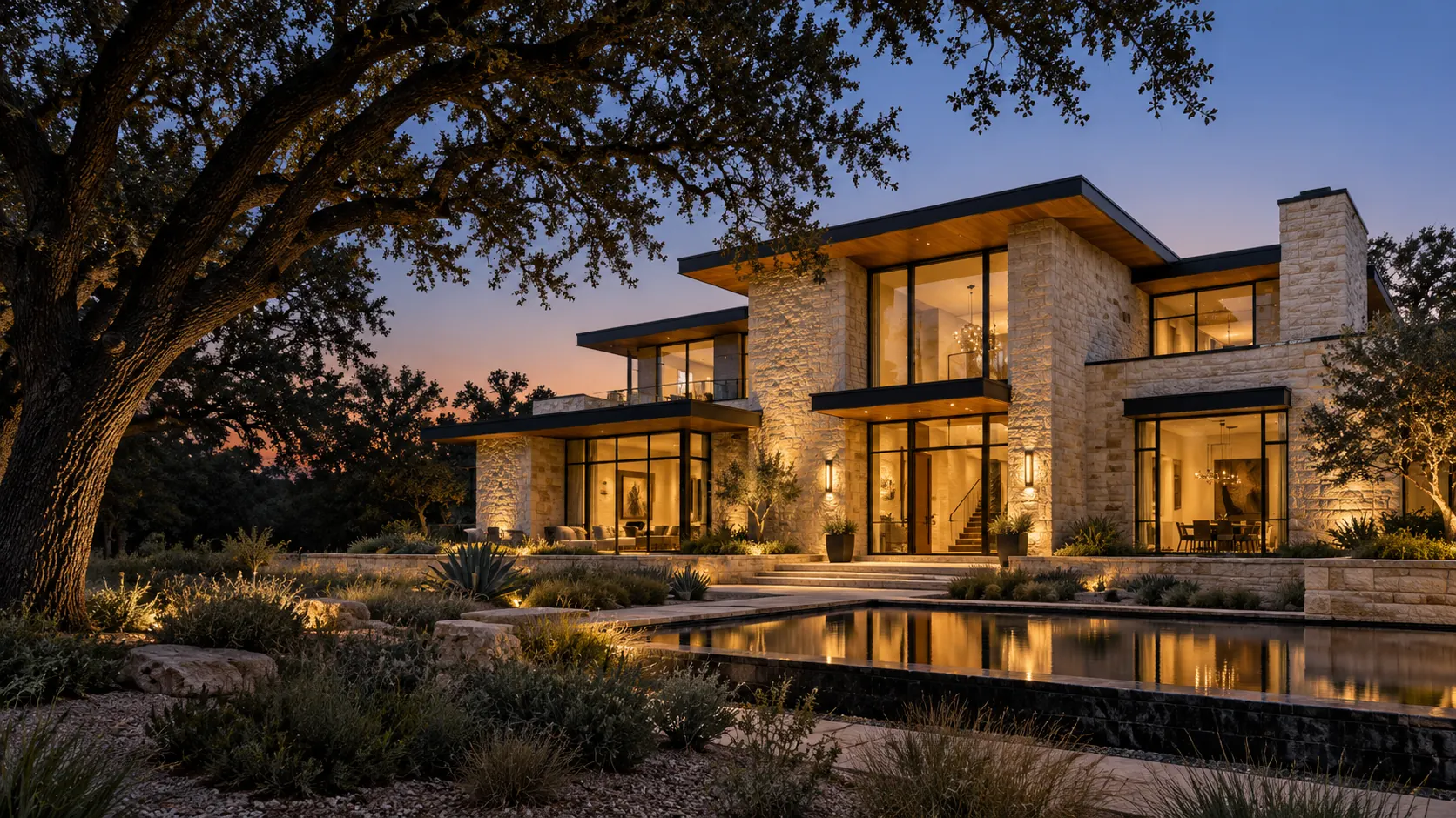 Contemporary limestone residence with warmly lit interiors and landscaped grounds — concept visualization